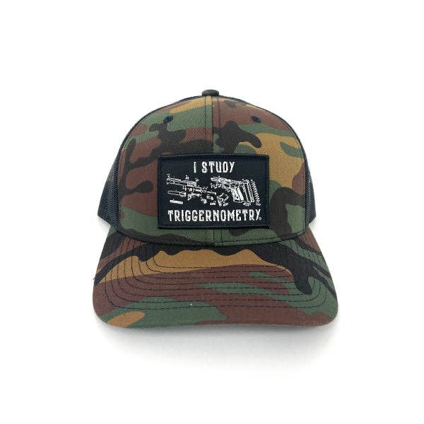 Shield Republic LLC - I Study Triggernometry Woven Patch Hat: Curved Bill Snapback / Camo And Black