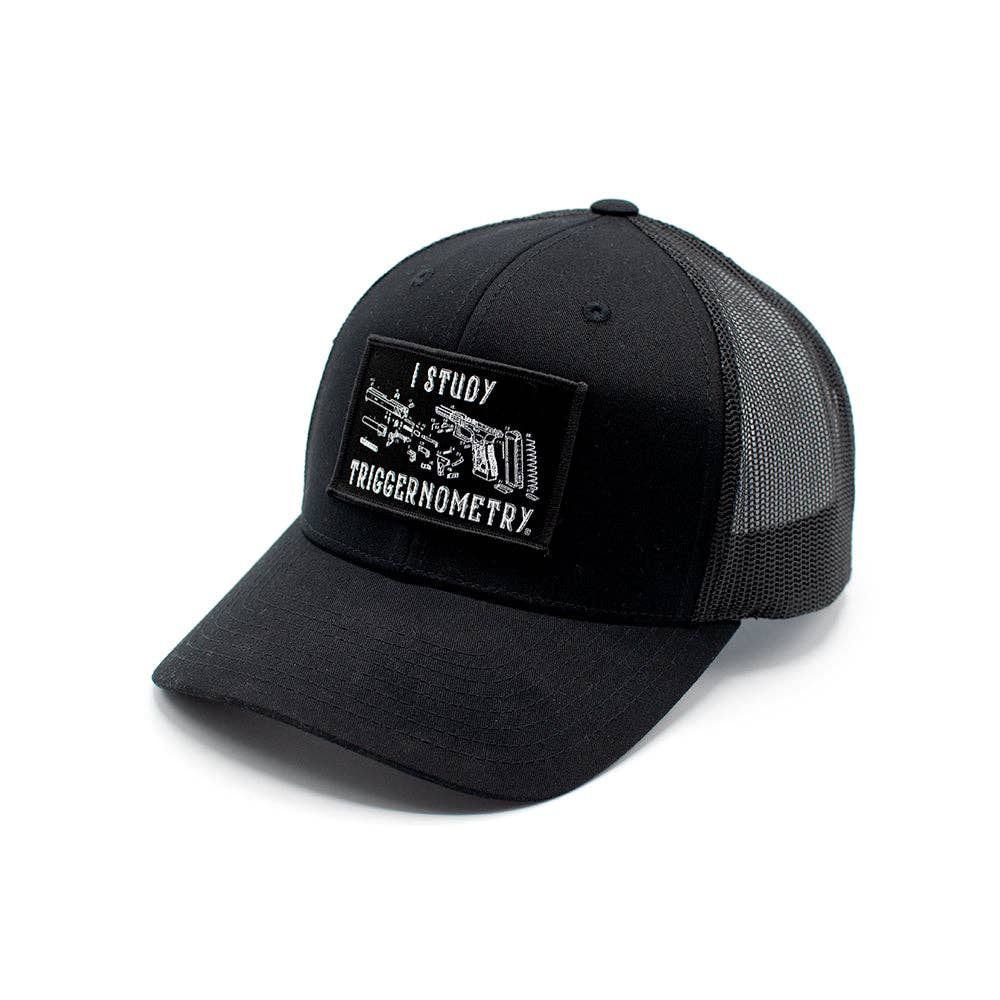 Shield Republic LLC - I Study Triggernometry Woven Patch Hat: Curved Bill Snapback / Camo And Black