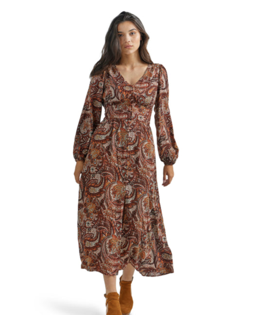 WRANGLER WOMENS WESTERN LONG SLEEVE MAXI PAISLEY DRESS