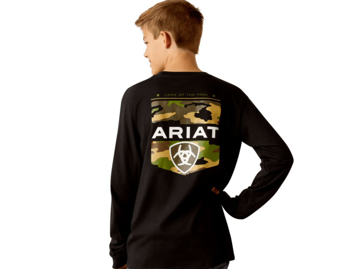 ARIAT BOYS LAND OF THE FREE CAMO SHIELD LONG SLEEVE TSHIRT