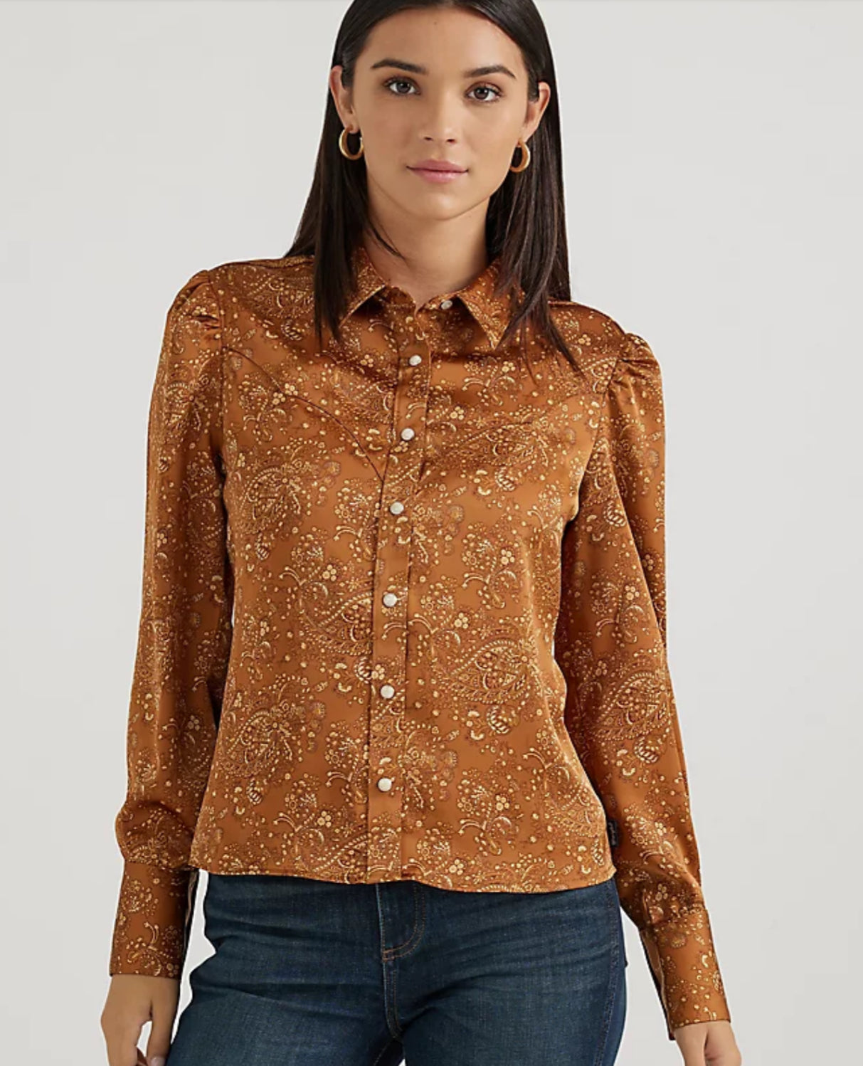 WRANGLER WOMENS WESTERN LONG SLEEVE SATIN PAISLEY TOP