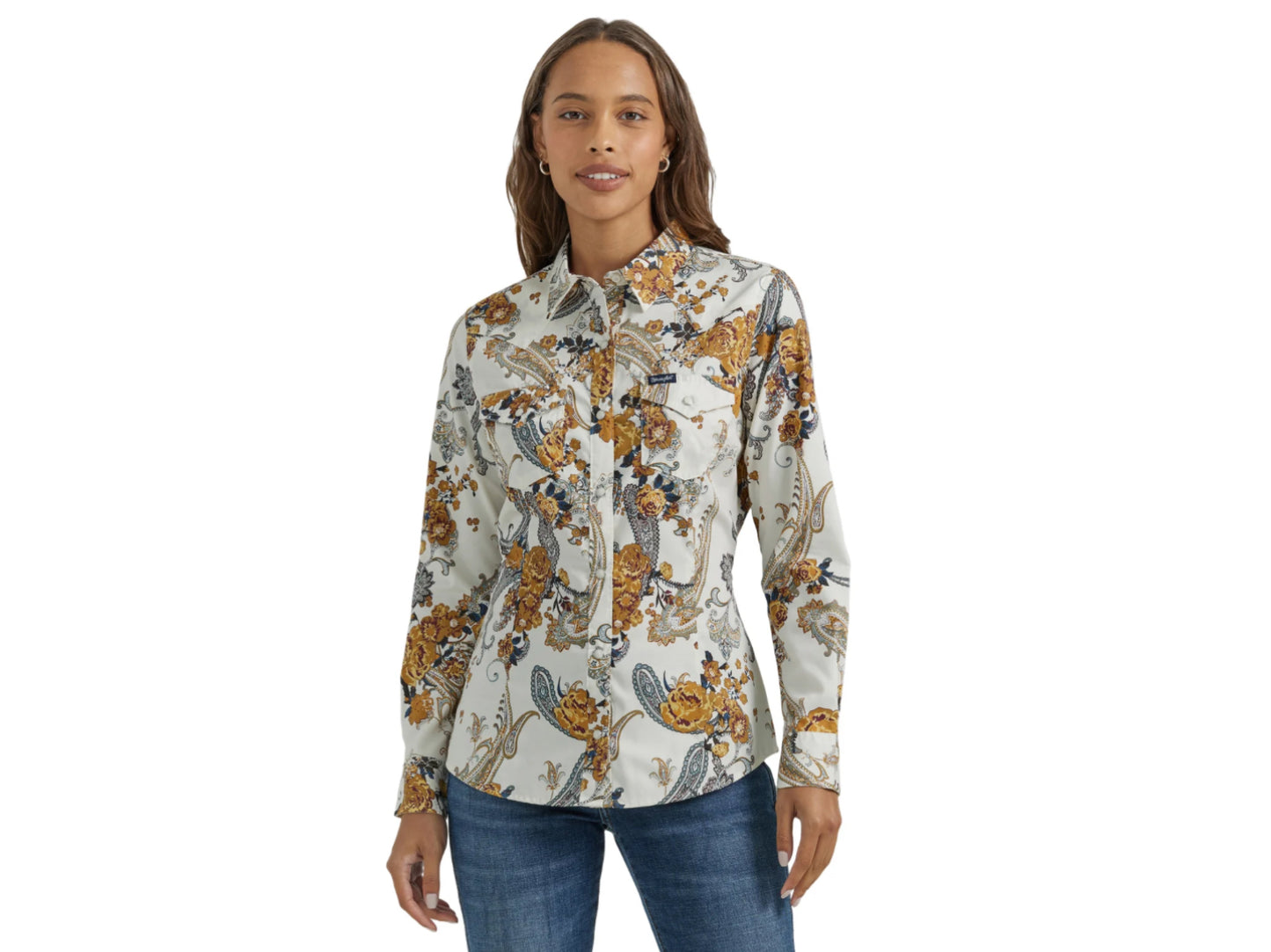 WRANGLER WOMENS WHITE PAISLEY PRINT DRESS SNAP SHIRT