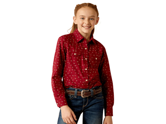 ARIAT GIRLS RED RANCH LONG SLEEVE SHIRT CATTLE BRAND