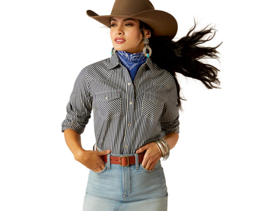 ARIAT WOMENS RAILROAD STRIPE SNAP LONG SLEEVE SHIRT