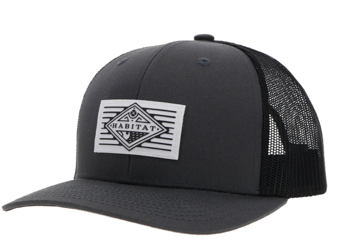 HOOEY HABITAT BLACK 5 PANEL TRUCKER WITH WHITE/BLACK RECTANGLE PATCH