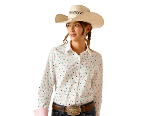 ARIAT WOMENS WRINKLE RESIST KIRBY LONG SLEEVE SHIRT IN STEER GARDEN PRINT