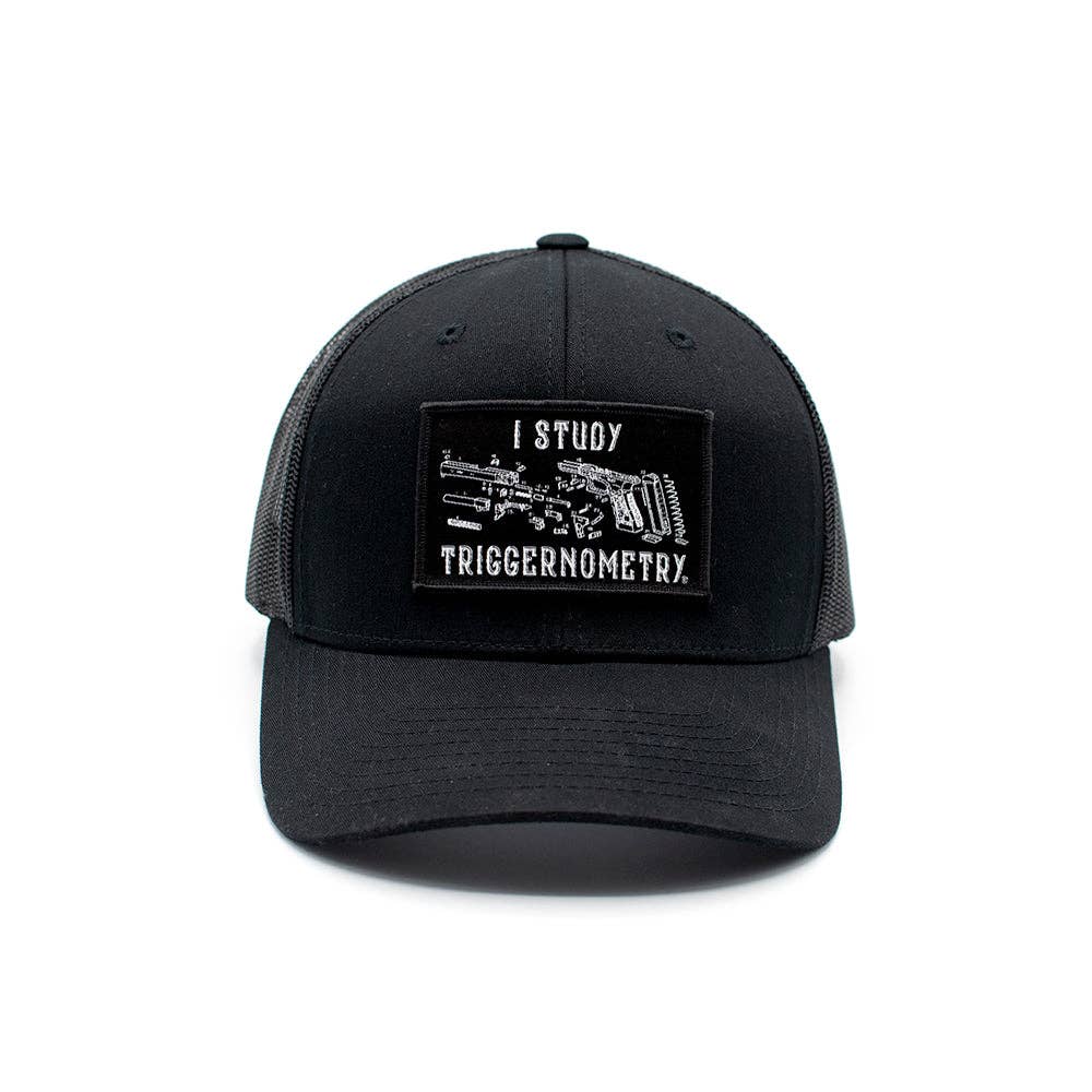 Shield Republic LLC - I Study Triggernometry Woven Patch Hat: Curved Bill Snapback / Camo And Black