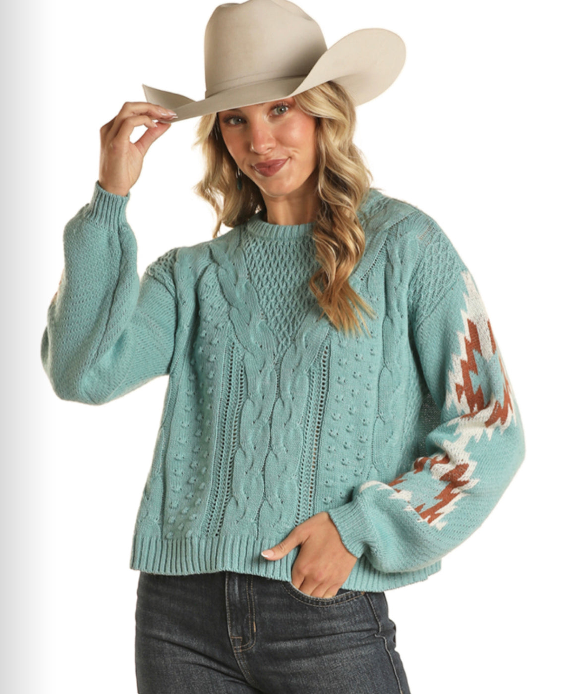 ROCK&ROLL DENIM SWEATER WITH AZTEC ON SLEEVE IN TEAL