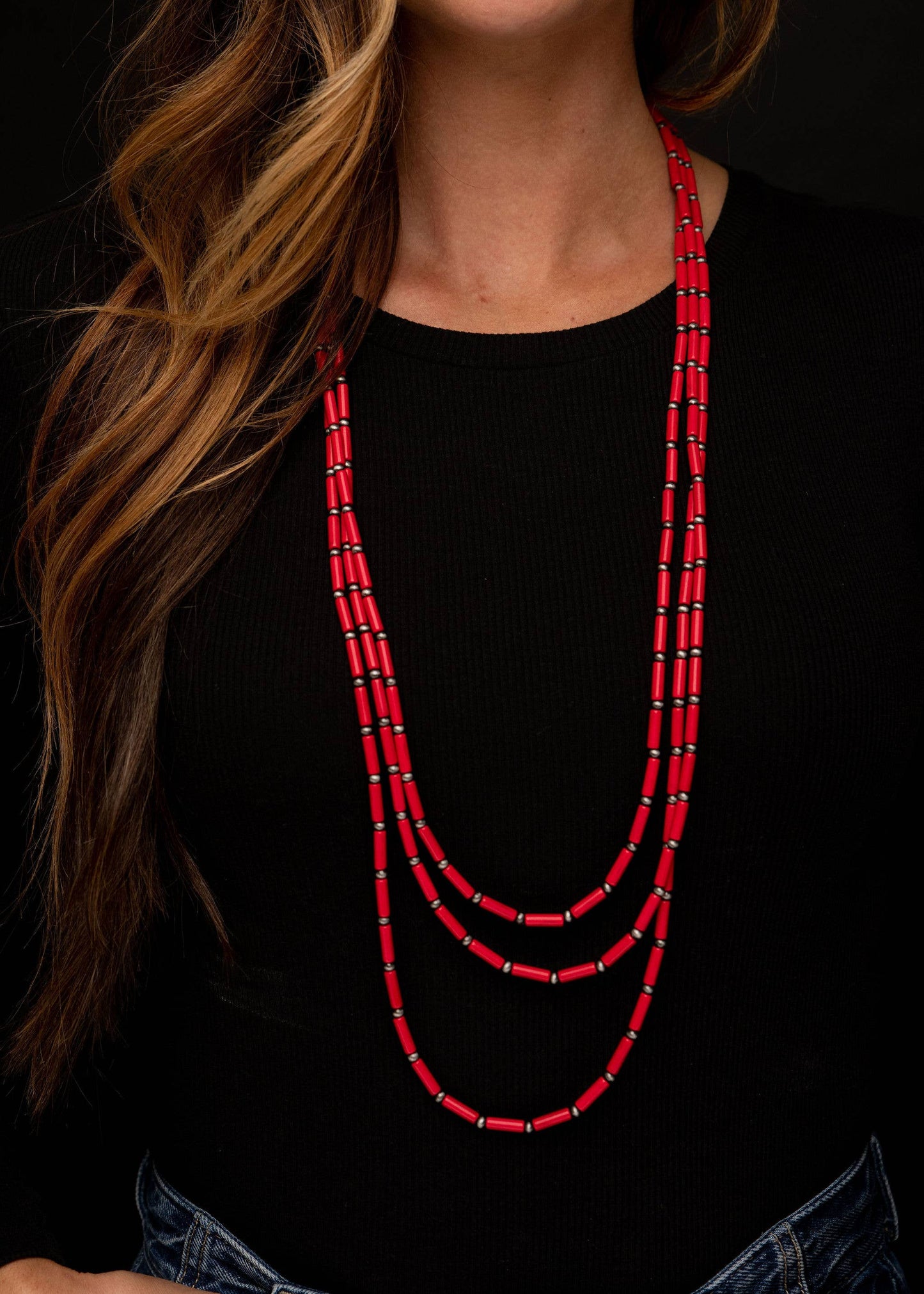 West & Co. - 30"",32"",36"" 3 Strand Red Tube Bead & Faux Navajo Necklace