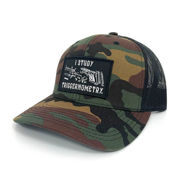 Shield Republic LLC - I Study Triggernometry Woven Patch Hat: Curved Bill Snapback / Camo And Black