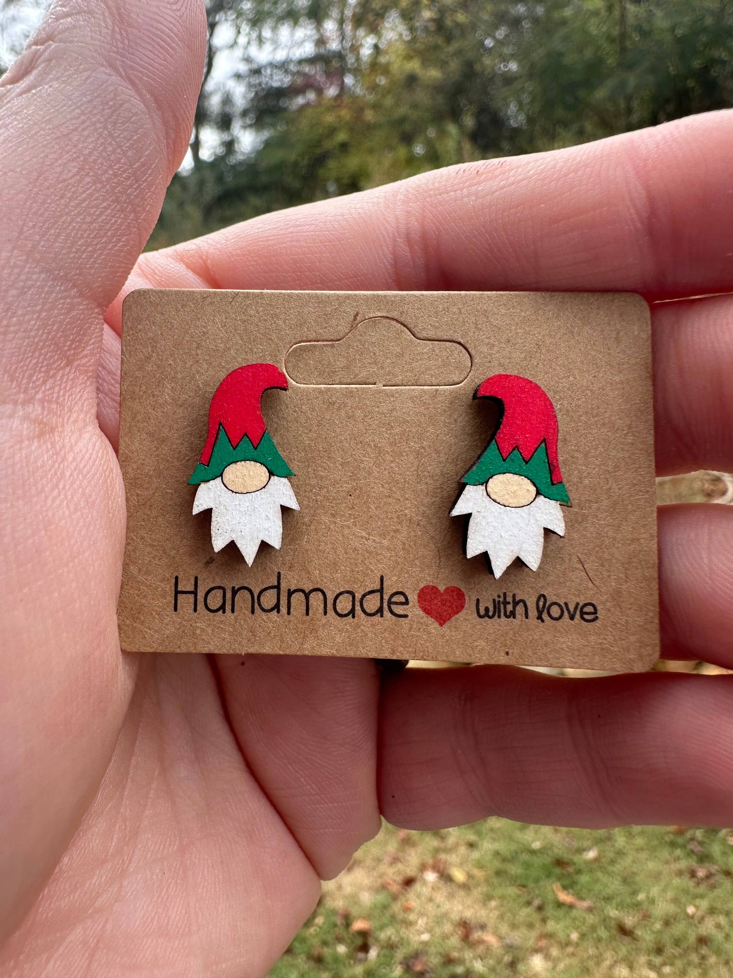 Hand Painted Small Christmas Gnome Wood Stud Earrings