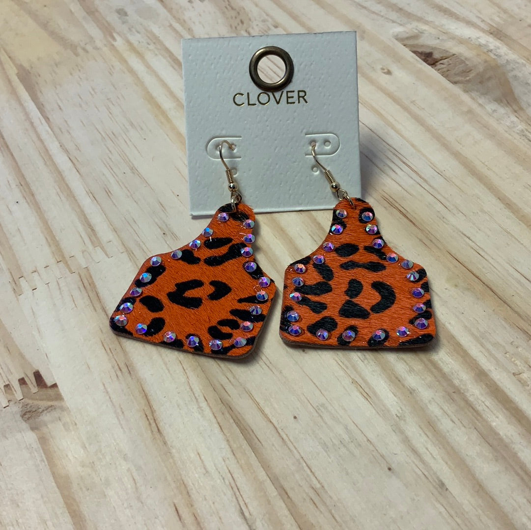 CLOVER TIGER PRINT COWTAG EARRINGS